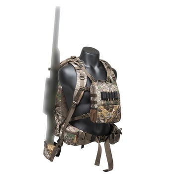 Vadász hátizsák fegyverhordozóval, Real Tree kamuflázzal, poliészter, csendes Brush Tricot anyag, vadászathoz és szabadtéri utazásokhoz