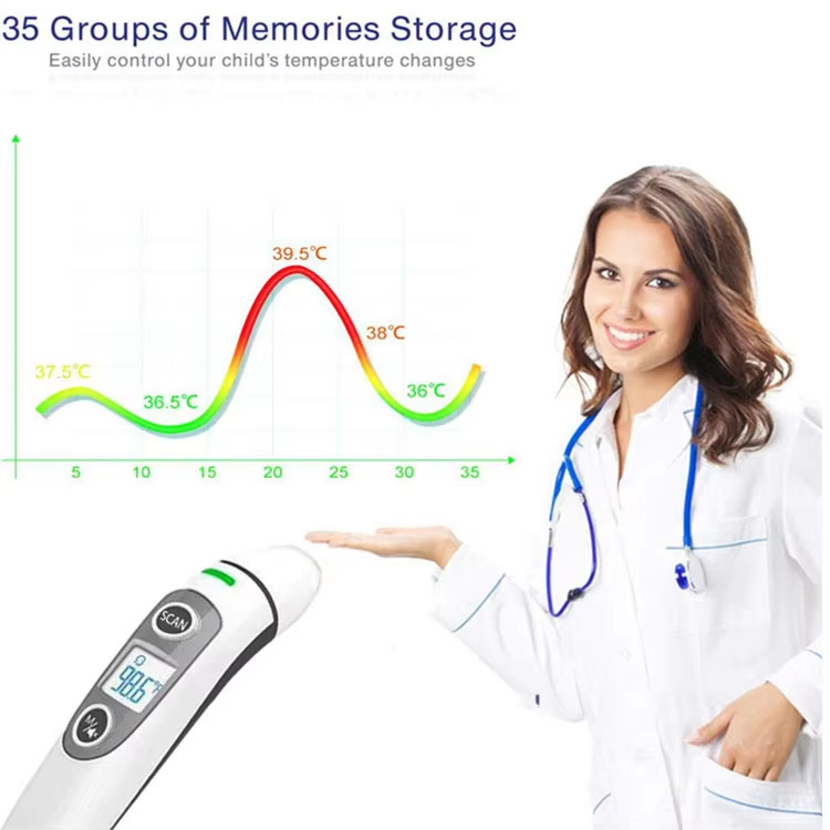 Двоен режим инфрачерен термометър за чело и ухо, Bluetooth свързване, LCD дисплей, 1-секундно измерване, аларма за висока температура и история на измерванията