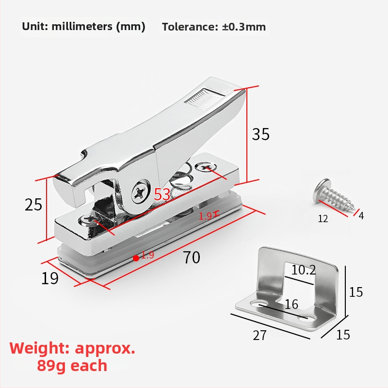Monledge Zámok s hákom – Frameless Glass Snap Lock, zliatina zinku, na posuvné okná, moderný dizajn