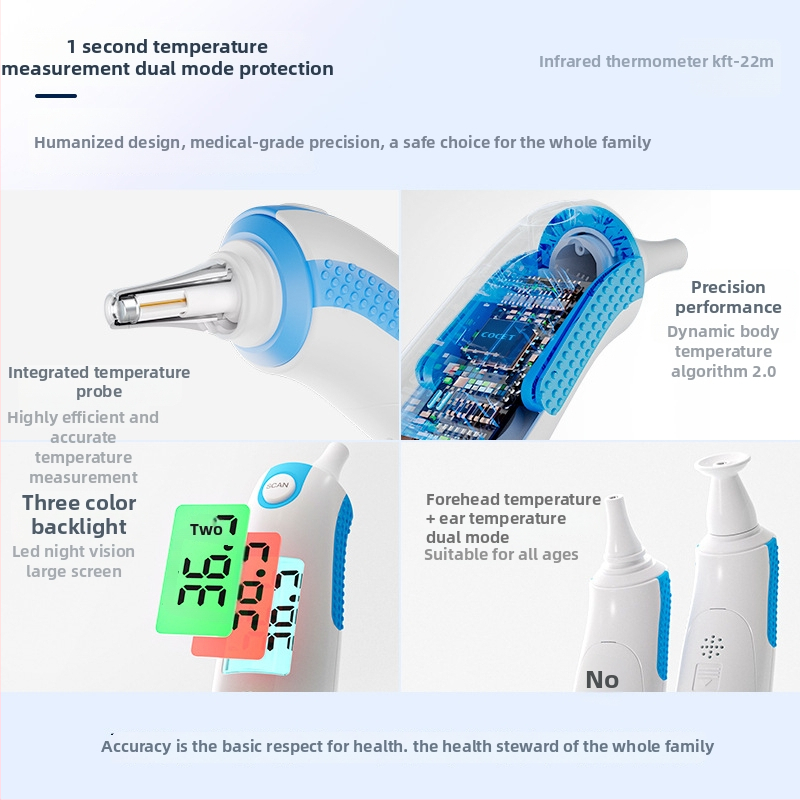 Infracrveni digitalni termometar, medicinske klase, ručni za čelo, model KFT-22M, mjeri temperaturu objekta i okolne temperature, napajanje 2x AAA baterije