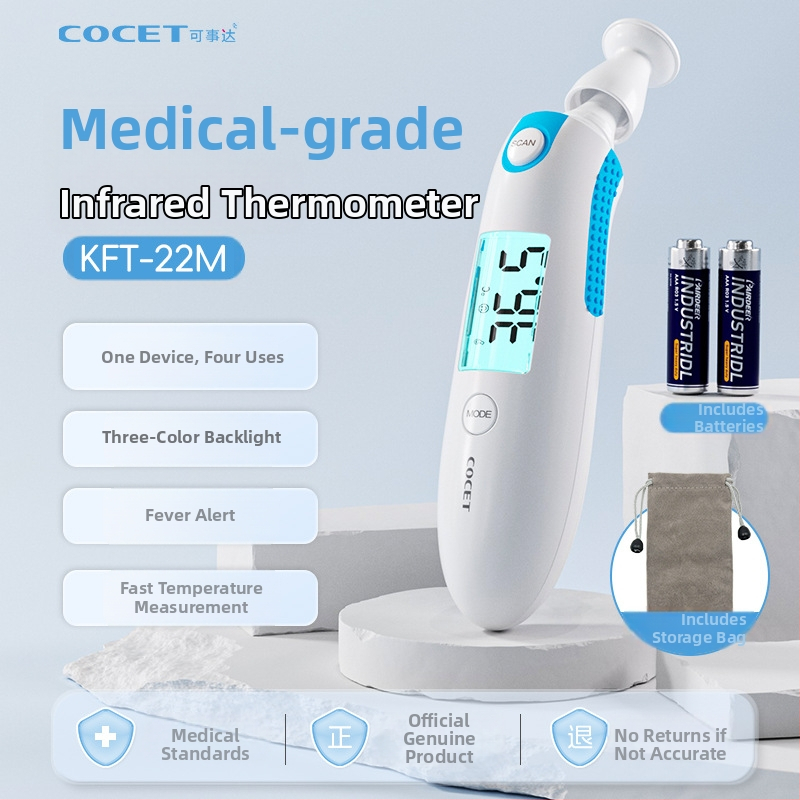 Infracrveni digitalni termometar, medicinske klase, ručni za čelo, model KFT-22M, mjeri temperaturu objekta i okolne temperature, napajanje 2x AAA baterije