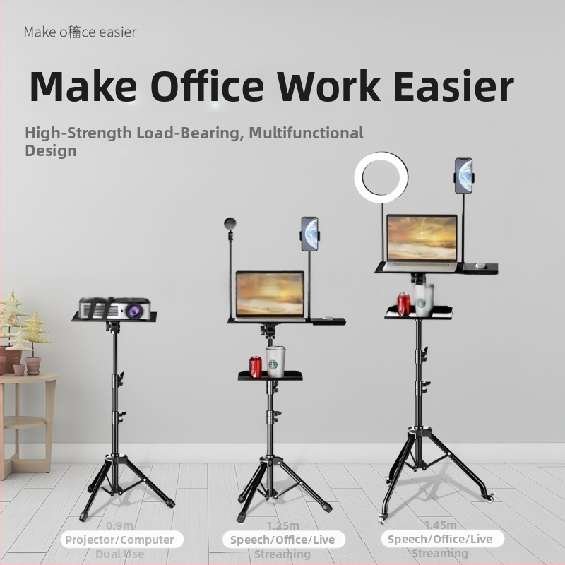 Stojan na notebook s nastaviteľnou výškou, stolovou poličkou a otočným tanierom na trojnohej báze