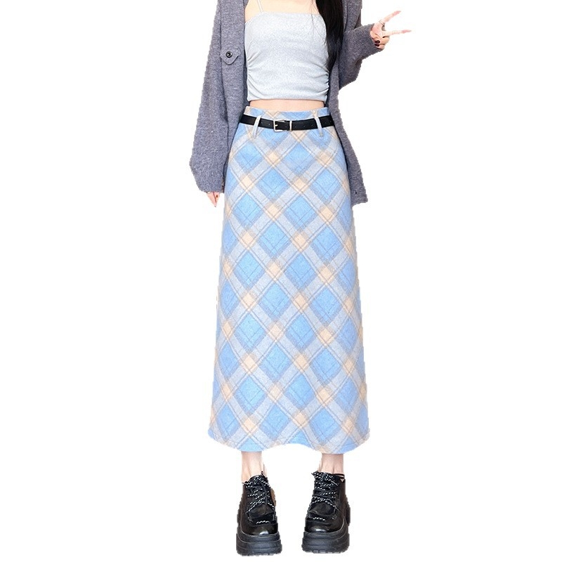 Fustă cu talie înaltă, carouri, lungime midi, poliester, micro-elastic