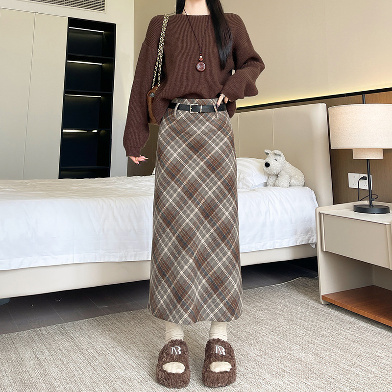 Fustă cu talie înaltă, carouri, lungime midi, poliester, micro-elastic