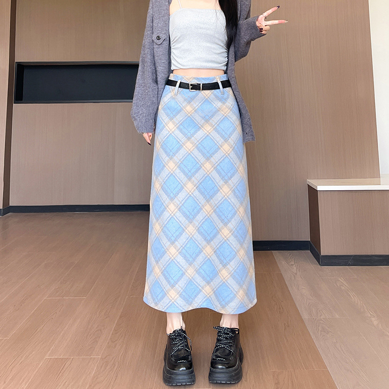 Fustă cu talie înaltă, carouri, lungime midi, poliester, micro-elastic