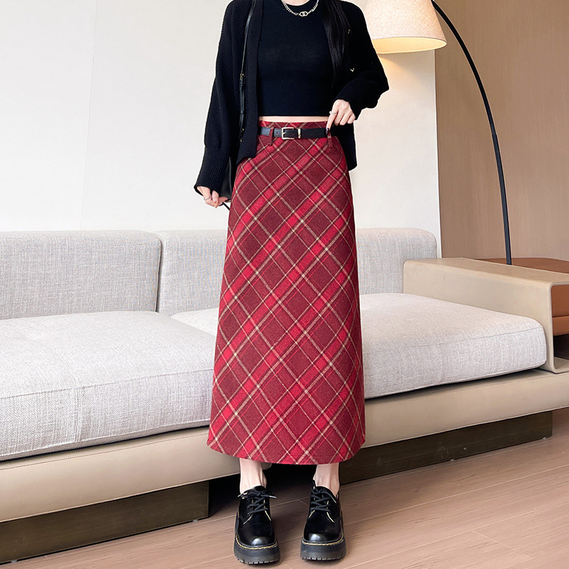 Fustă cu talie înaltă, carouri, lungime midi, poliester, micro-elastic