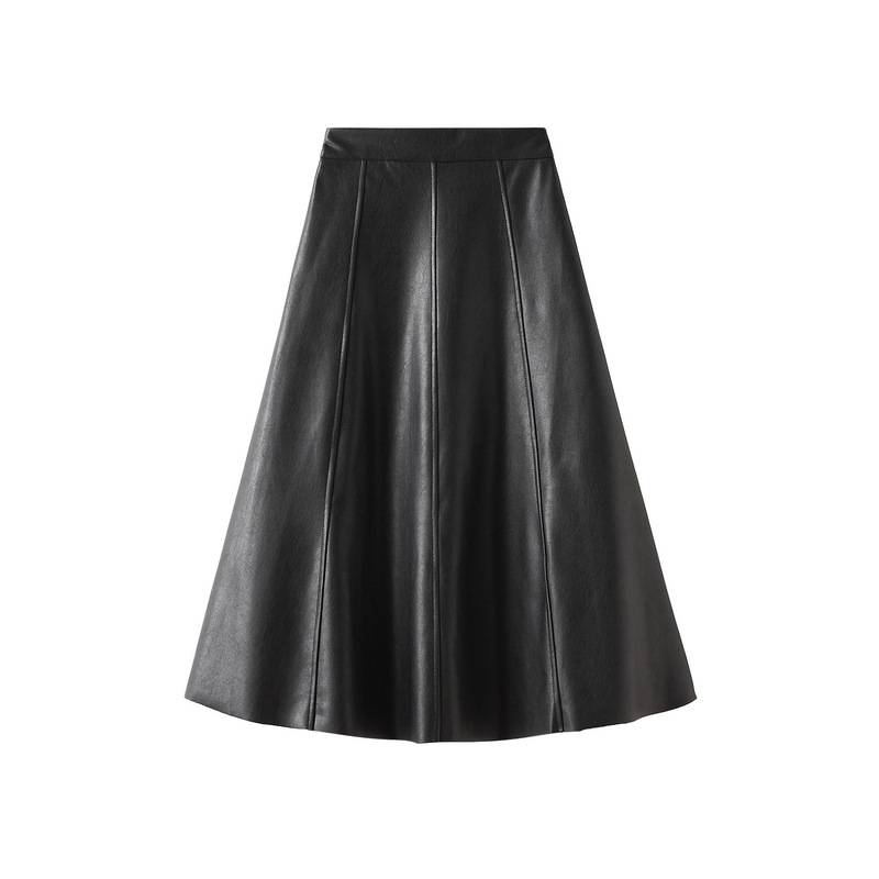 PU kožna duga suknja s A-linijom, visokim strukom, retro stil inspiriran Hong Kongom
