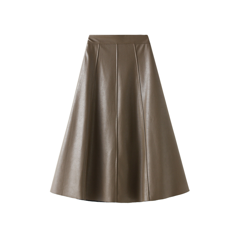 PU kožna duga suknja s A-linijom, visokim strukom, retro stil inspiriran Hong Kongom