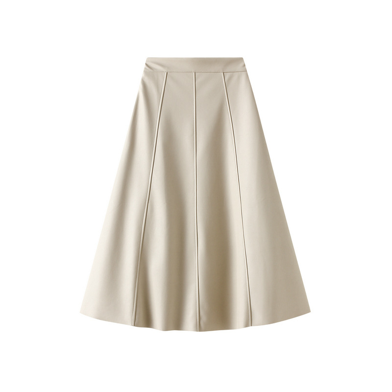 PU kožna duga suknja s A-linijom, visokim strukom, retro stil inspiriran Hong Kongom