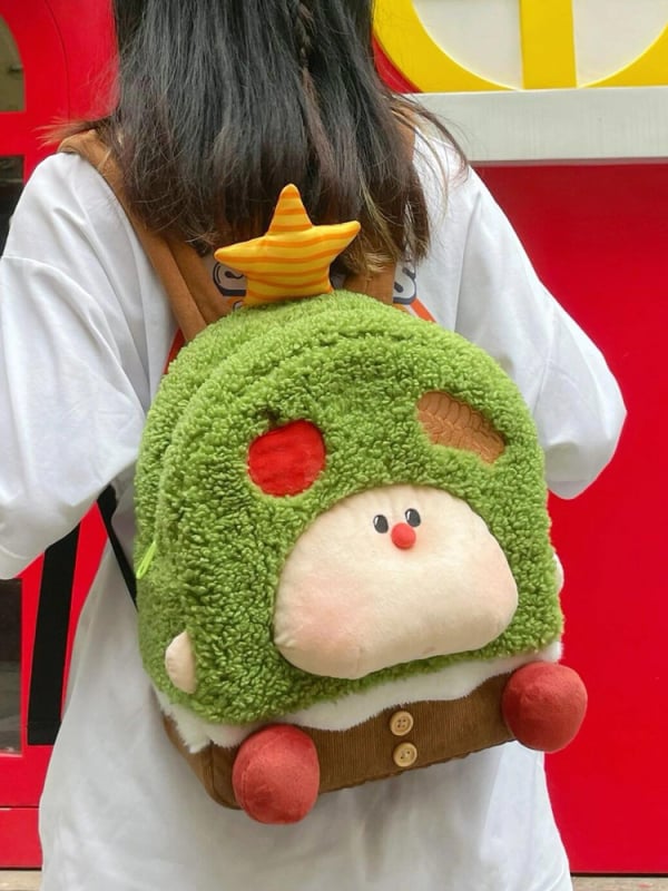 Раница от велурен плюш с мотив ябълково дърво - уличен стил, цип за затваряне, джоб за телефон, ударопоглъщащ дизайн