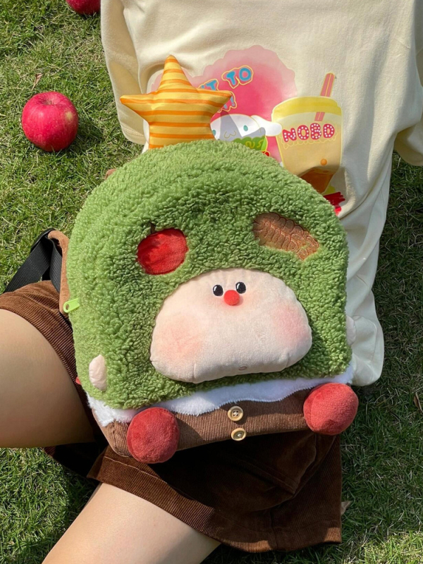 Раница от велурен плюш с мотив ябълково дърво - уличен стил, цип за затваряне, джоб за телефон, ударопоглъщащ дизайн