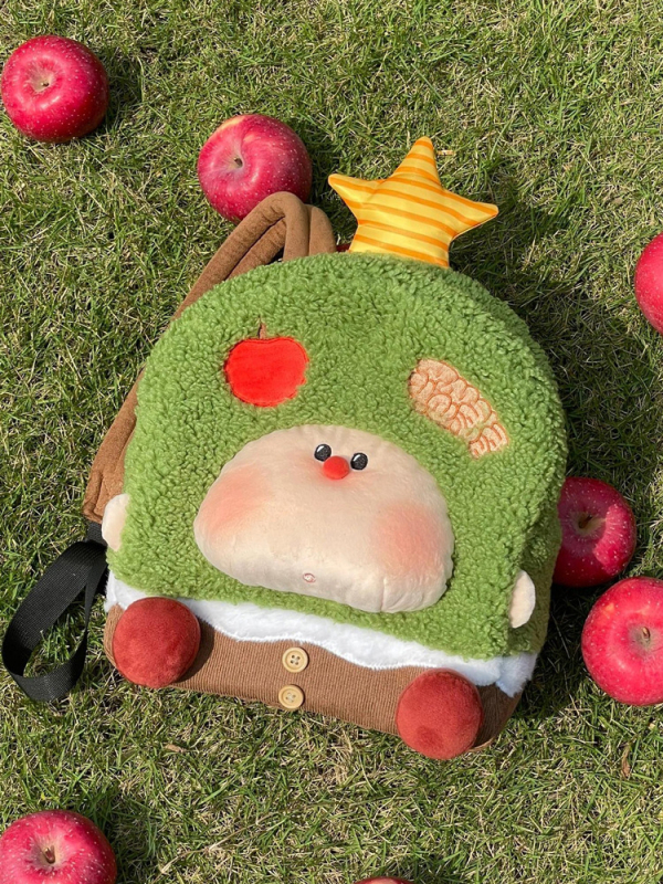 Раница от велурен плюш с мотив ябълково дърво - уличен стил, цип за затваряне, джоб за телефон, ударопоглъщащ дизайн