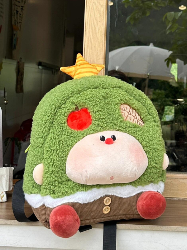 Раница от велурен плюш с мотив ябълково дърво - уличен стил, цип за затваряне, джоб за телефон, ударопоглъщащ дизайн