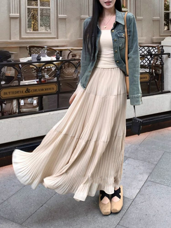 Plisirana duga suknja za žene, proljeće 2025., stil royal sister, private server socialite