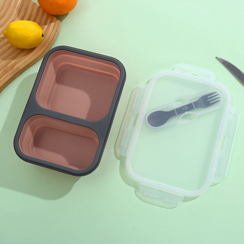 Сгъваема силиконова кутия за обяд с двойни отделения, квадратна форма, 301–500 мл, задържа топлината, не е подходяща за микровълнова