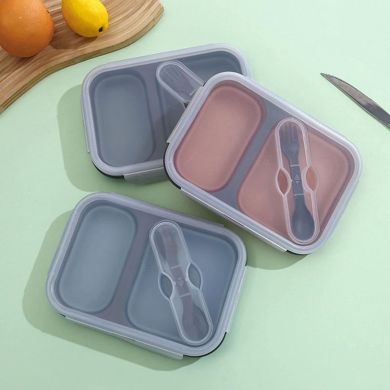 Сгъваема силиконова кутия за обяд с двойни отделения, квадратна форма, 301–500 мл, задържа топлината, не е подходяща за микровълнова