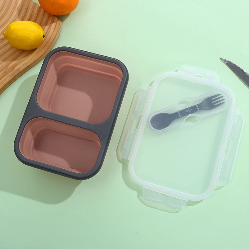 Сгъваема силиконова кутия за обяд с двойни отделения, квадратна форма, 301–500 мл, задържа топлината, не е подходяща за микровълнова