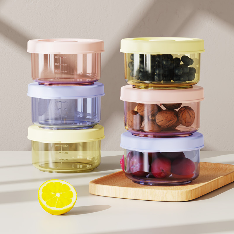 Бебешка мини кутия за съхранение на храна със капак, хранително качество, микровълнова безопасна; Материал: PP • Вместимост под 300 ml • Форма: кръгла • Прозрачен дизайн