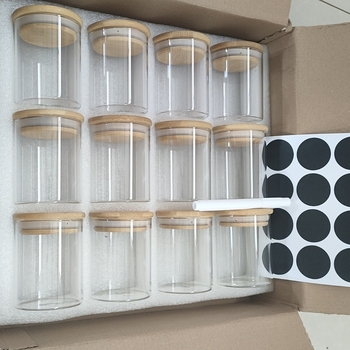 12-частен комплект стъклени буркани с бамбукови капачки, боросиликатно стъкло, плътно уплътнение за подправки и сушени плодове, обем 800–1000 ml