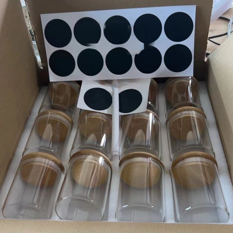 12-частен комплект стъклени буркани с бамбукови капачки, боросиликатно стъкло, плътно уплътнение за подправки и сушени плодове, обем 800–1000 ml