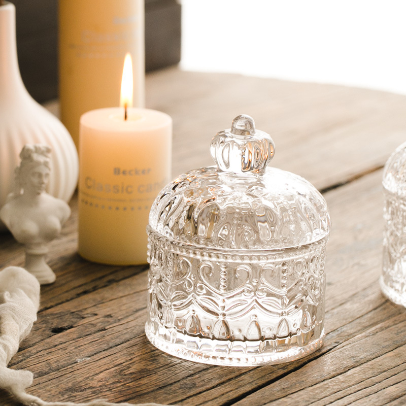 Γυάλινο βάζο γλυκίσματα με ανάγλυφο στέμμα, μοντέρνο μινιμαλιστικό κυκλικό σχέδιο (Υλικό: γυαλί; Χωρητικότητα: <300 ml; Σχήμα: στρογγυλό; Στυλ: μοντέρνο και μινιμαλιστικό; Προέλευση: Ανχουϊ)