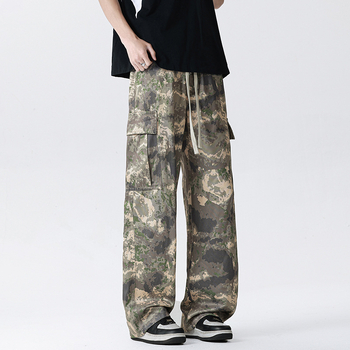 Мъжки камуфлажни панталони с прави крачоли, средна талия, лека дишаща смес Lyocell-полиестер-памук, множество джобове