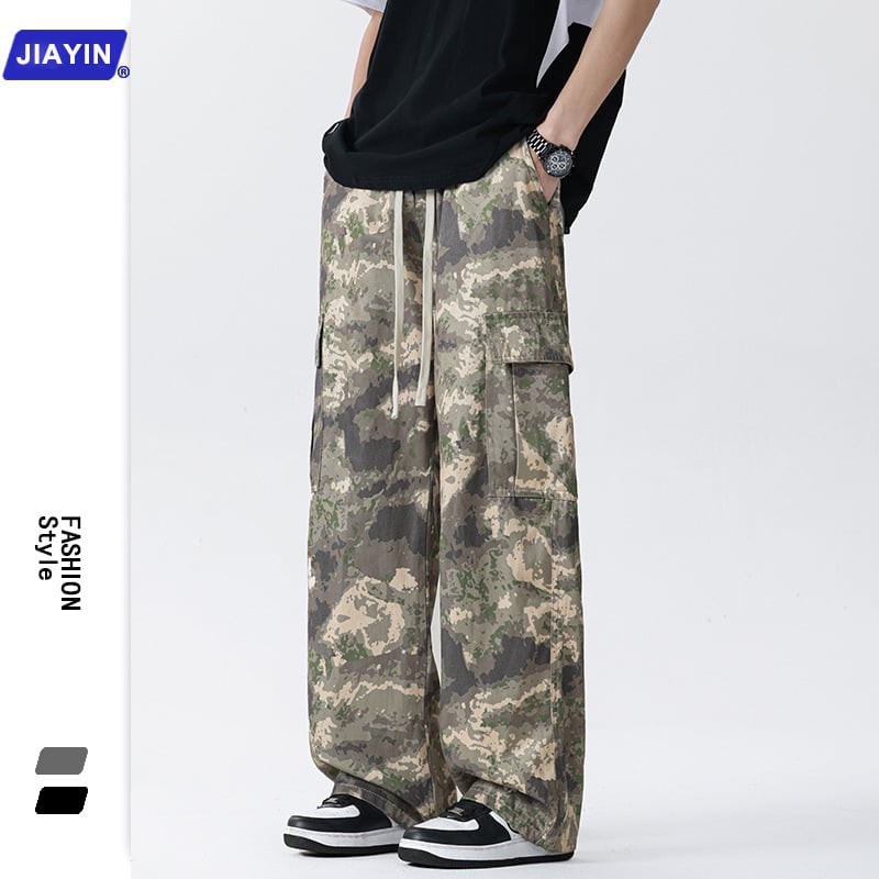 Мъжки камуфлажни панталони с прави крачоли, средна талия, лека дишаща смес Lyocell-полиестер-памук, множество джобове