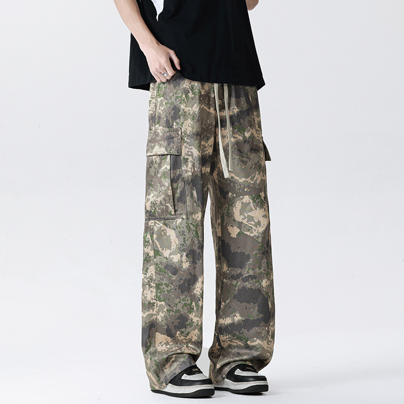 Мъжки камуфлажни панталони с прави крачоли, средна талия, лека дишаща смес Lyocell-полиестер-памук, множество джобове