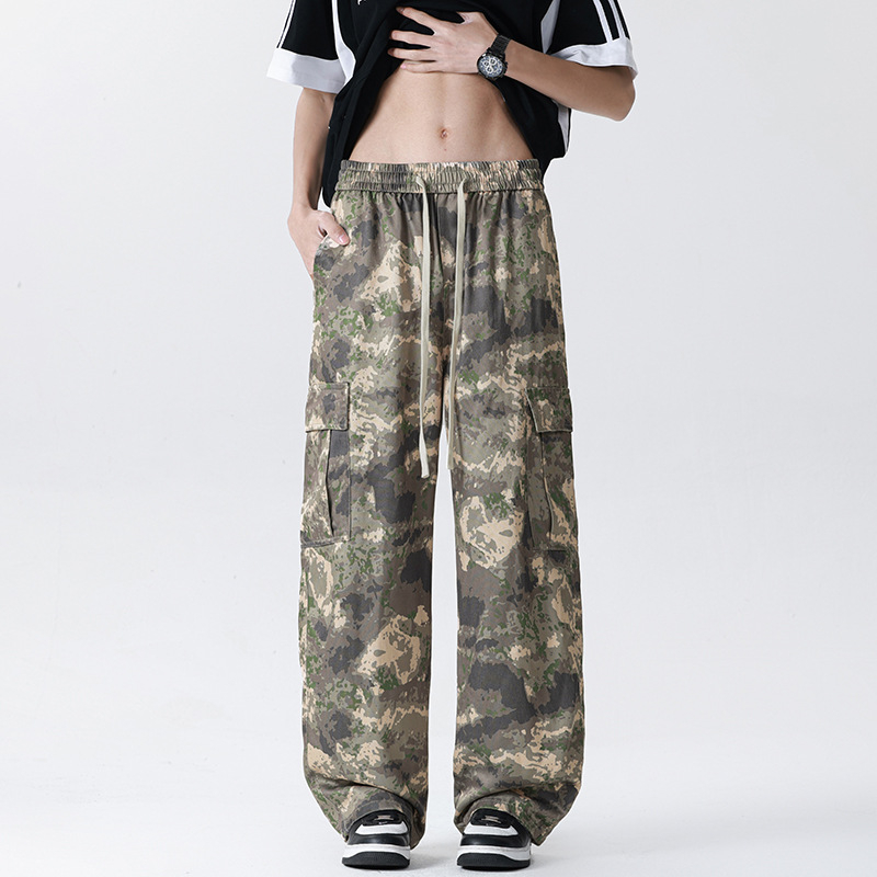 Мъжки камуфлажни панталони с прави крачоли, средна талия, лека дишаща смес Lyocell-полиестер-памук, множество джобове