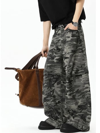 Панталони за ежедневна работа с камуфлажен принт, памучно-бленд тъкан, средна талия, свободен прав крак с множество джобове