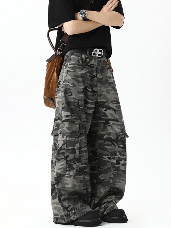 Панталони за ежедневна работа с камуфлажен принт, памучно-бленд тъкан, средна талия, свободен прав крак с множество джобове