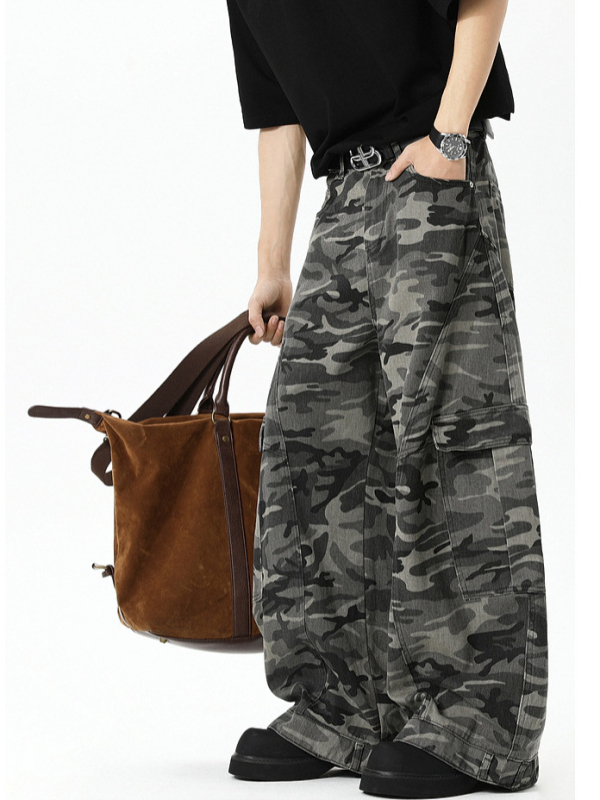 Панталони за ежедневна работа с камуфлажен принт, памучно-бленд тъкан, средна талия, свободен прав крак с множество джобове