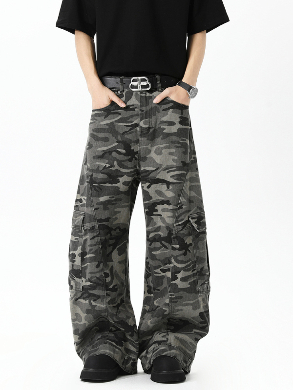 Панталони за ежедневна работа с камуфлажен принт, памучно-бленд тъкан, средна талия, свободен прав крак с множество джобове