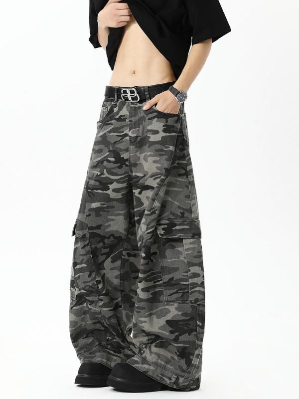 Панталони за ежедневна работа с камуфлажен принт, памучно-бленд тъкан, средна талия, свободен прав крак с множество джобове