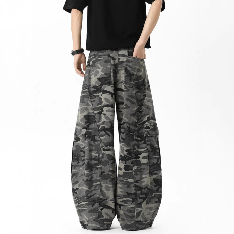 Панталони за ежедневна работа с камуфлажен принт, памучно-бленд тъкан, средна талия, свободен прав крак с множество джобове