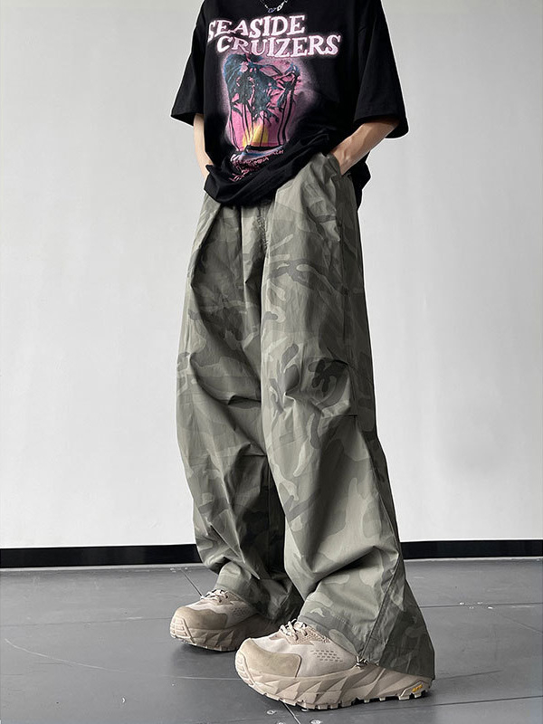 Мъжки свободни панталони с камуфляжен принт, полиестерно-еластична материя, талия средна, копчета отпред