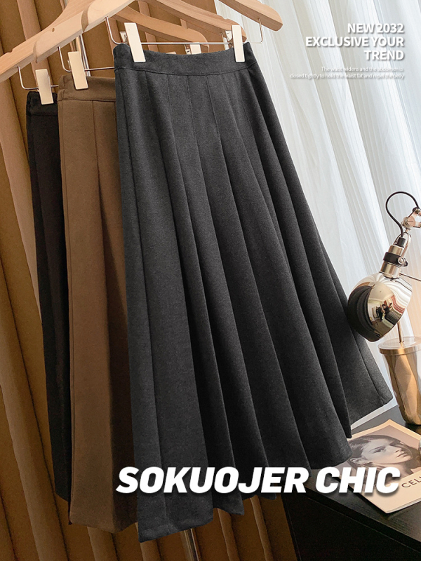 Félhosszú pliszírozott gyapjú szoknya, magas derekú, mikroelasztikus anyag