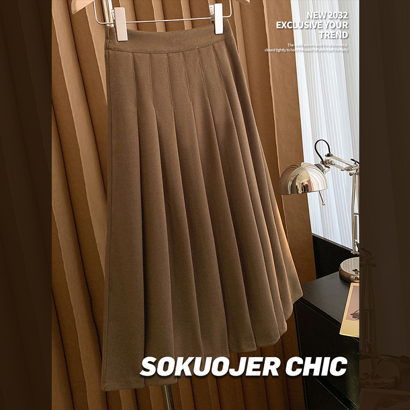 Félhosszú pliszírozott gyapjú szoknya, magas derekú, mikroelasztikus anyag