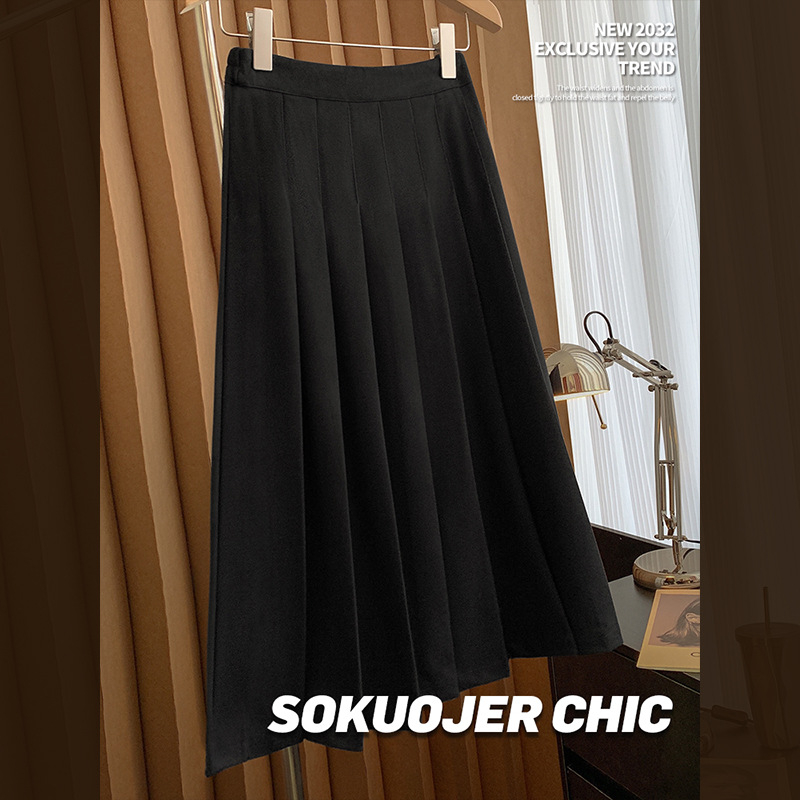 Félhosszú pliszírozott gyapjú szoknya, magas derekú, mikroelasztikus anyag