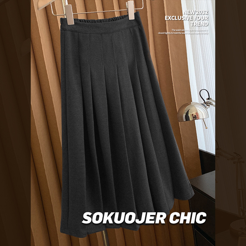 Félhosszú pliszírozott gyapjú szoknya, magas derekú, mikroelasztikus anyag