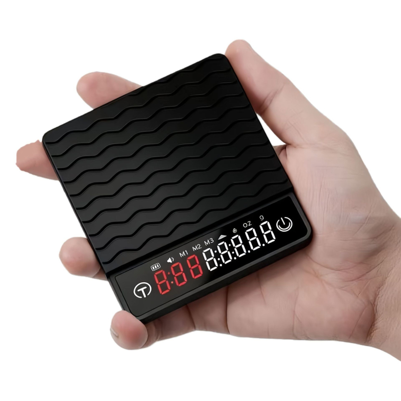 Везна за кафе с интелигентен таймер; електронно измерване; капацитет до 2 кг; вградена литиева батерия; мултифункционална.