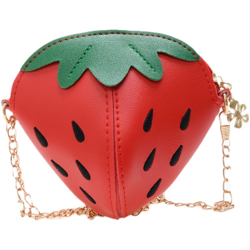 Dječja crossbody torba s uzorkom jagode, PU koža, zatvarač, mala kapaciteta, ispis logotipa
