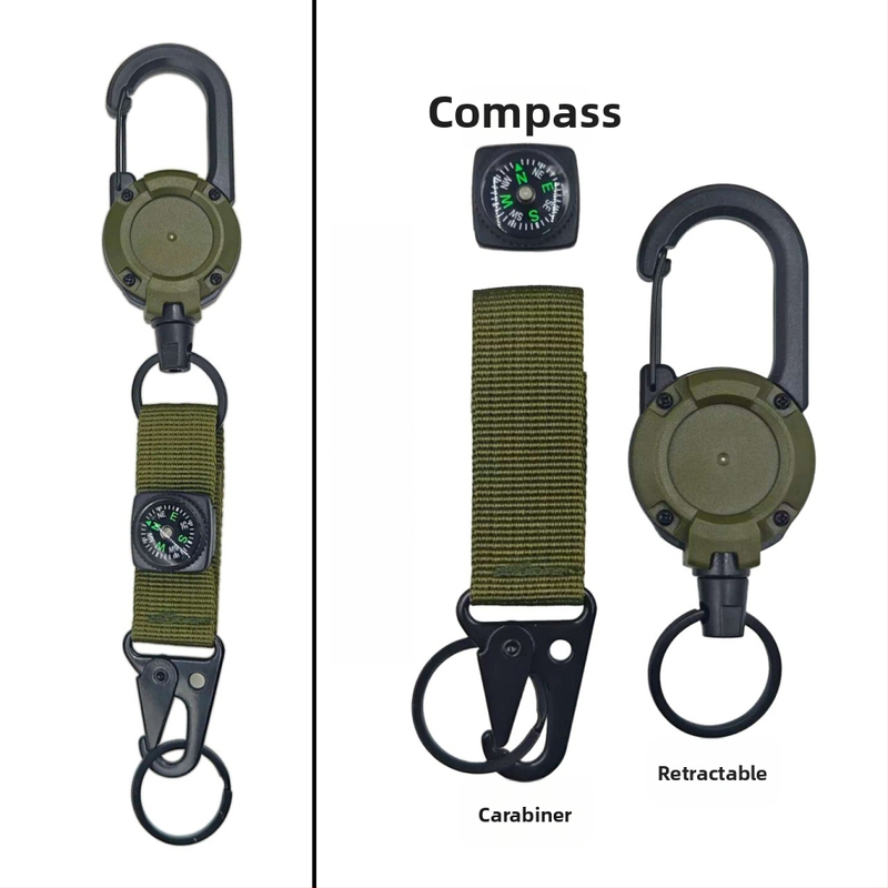 Vytiahnuteľný karabínový prívesok s oceľovým lanom, ABS plast, maximálna nosnosť 30 g, prispôsobiteľný, s kompasom