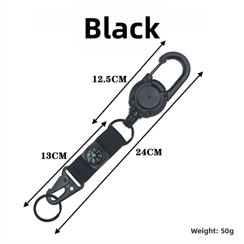 Vytiahnuteľný karabínový prívesok s oceľovým lanom, ABS plast, maximálna nosnosť 30 g, prispôsobiteľný, s kompasom