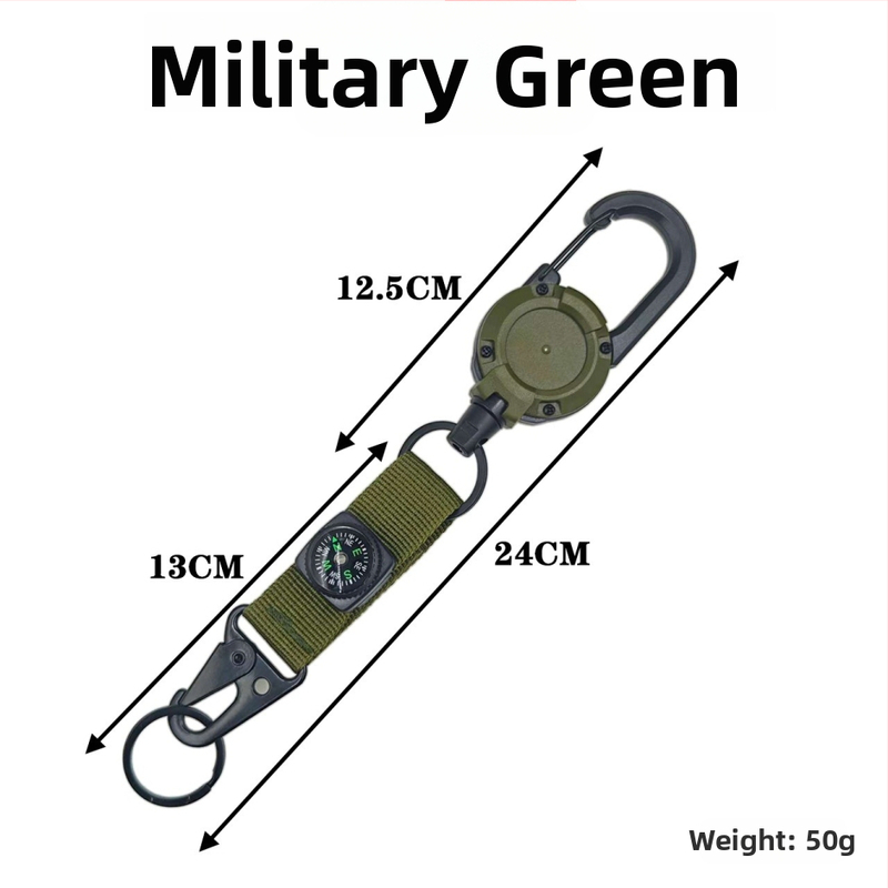 Vytiahnuteľný karabínový prívesok s oceľovým lanom, ABS plast, maximálna nosnosť 30 g, prispôsobiteľný, s kompasom
