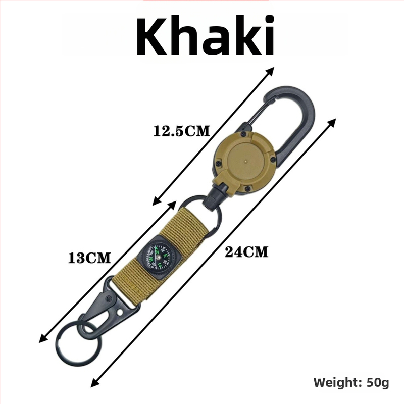Vytiahnuteľný karabínový prívesok s oceľovým lanom, ABS plast, maximálna nosnosť 30 g, prispôsobiteľný, s kompasom