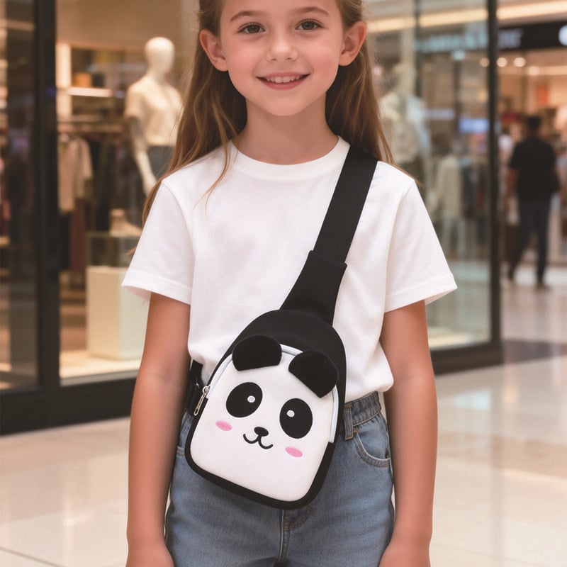 Dječja crossbody torba s Panda uzorkom, zatvaranje na zip, unutarnji džep sa zipom, diving tkanina