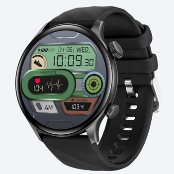 Smartwatch cu ecran IPS rotund, apel Bluetooth, monitorizare sănătate și sport, măsurare ritm cardiac, tensiune arterială și saturație, monitorizare somn, autonomie baterie 7–14 zile