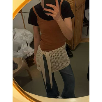 Fustă mini tricotată cu decupaje și design în straturi cu șnur, model 3D, acril material, croială strânsă