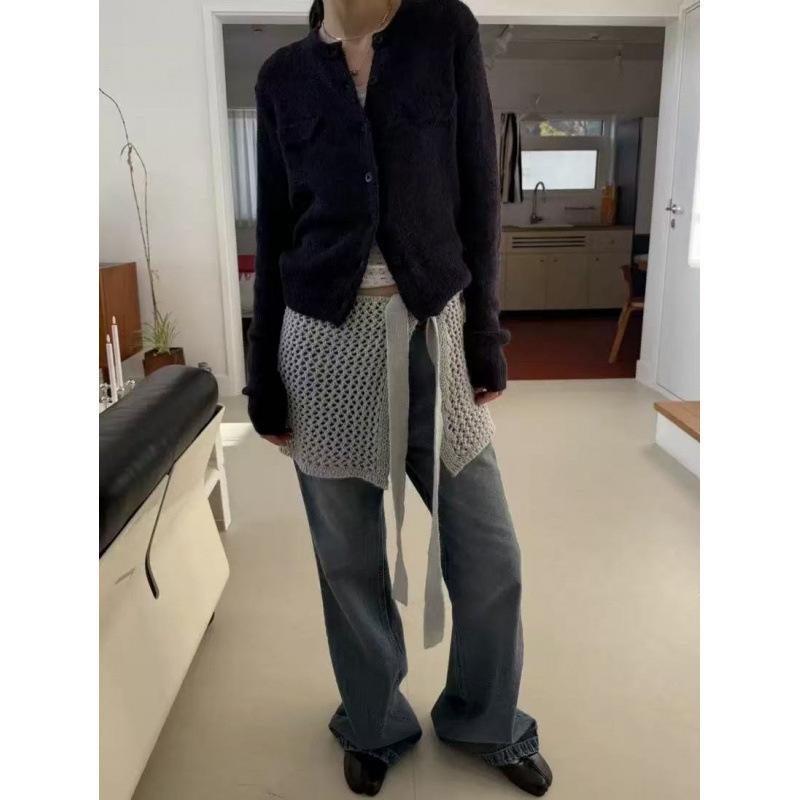 Fustă mini tricotată cu decupaje și design în straturi cu șnur, model 3D, acril material, croială strânsă